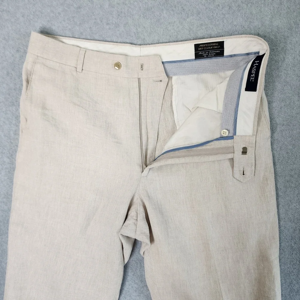 Haspel Linen Trousers Mens 34 Beige Straight Leg Flat Front Coastal Preppy Pants